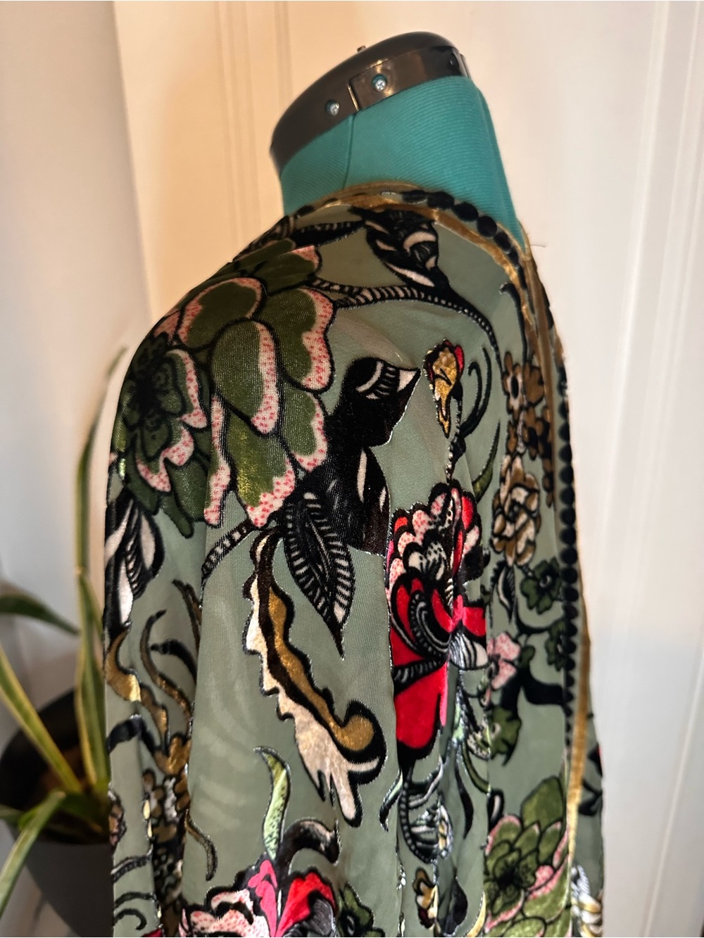 Olive Floral Embroidered Sheer Kimono with Red & Green Accents one size - Picture 8 of 11